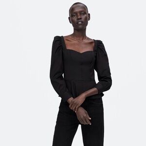 ZARA Black Puff Sleeves Side Zip Peplum Top